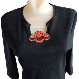 Medium Women's Top Onque Casuals Black Halloween Pumpkin Embroidered